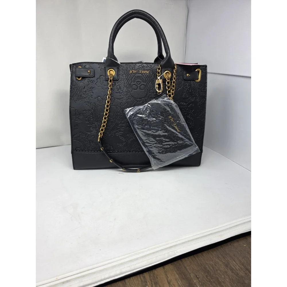 Betsey Johnson Black Embossed Skull Floral Satchel Bag w/ Pouch Halloween